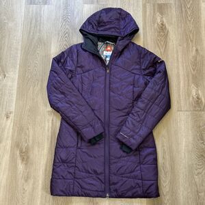 Columbia Omni Heat Womens Medium Puffer Jacket Long Purple Hooded Insulated Coat